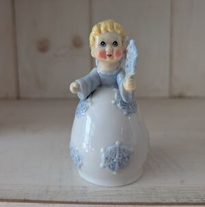 Vintage Snowflake Angel Porcelain Ceramic Bell Figurine, Blue & White Fairy